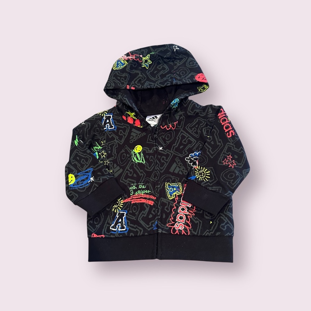 Baby adidas Black Zip Front Hoodie with Neon Graphic Accents Size 6 Months